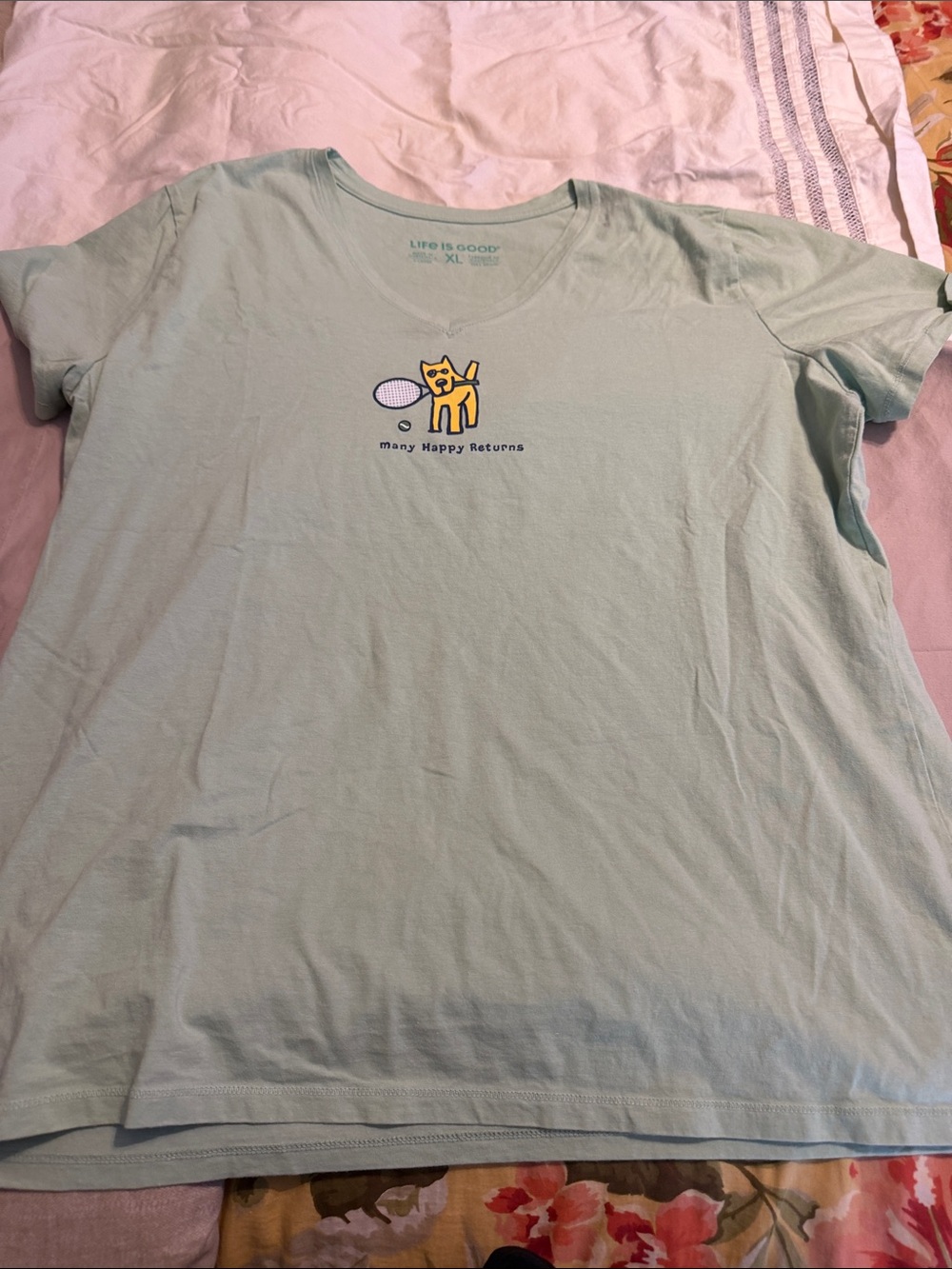 Life Is Good women’s Mint Green V-Neck Tee with Yellow Cat Graphic